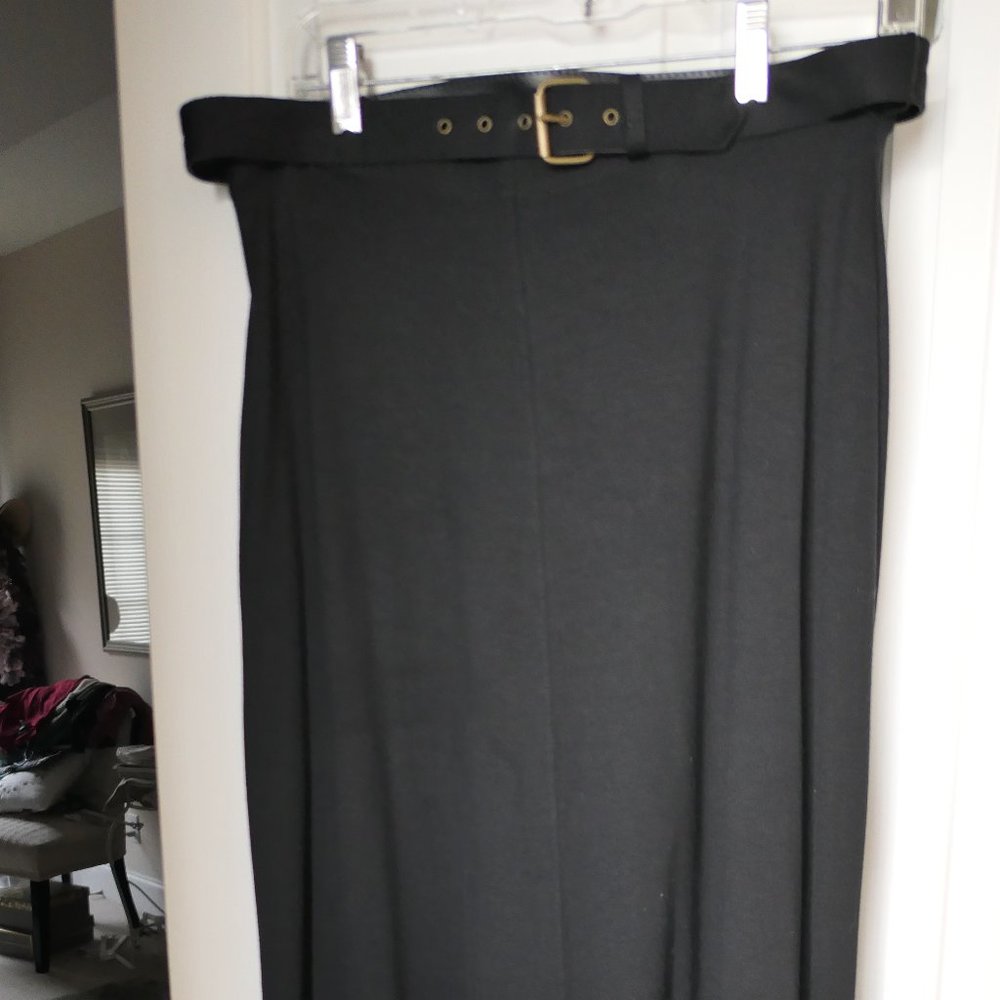 Midi Length, Black Knit Classic Skirt with Belt